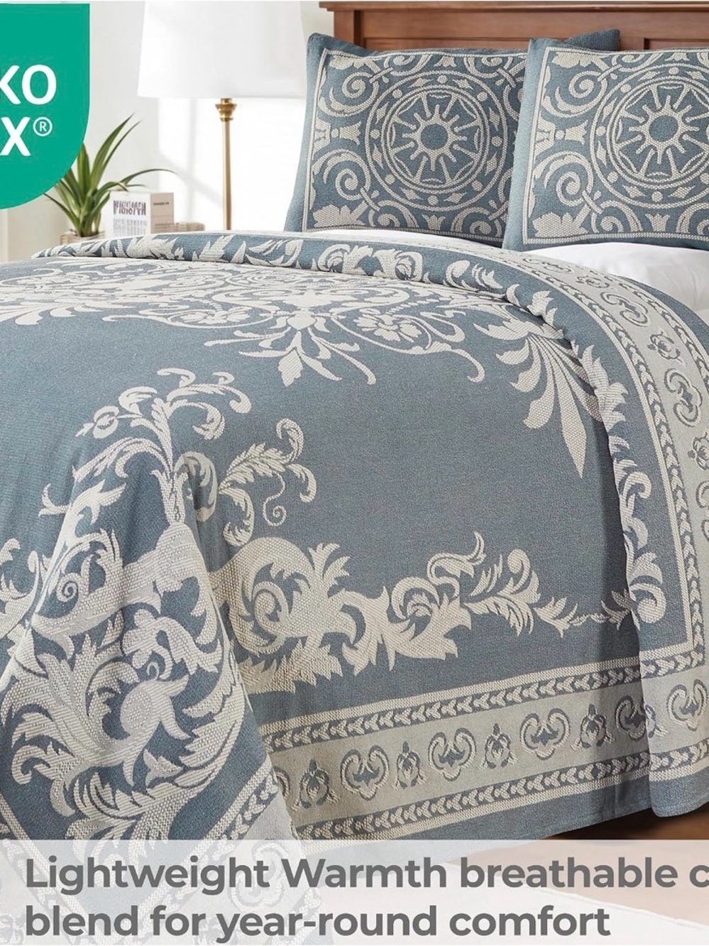 Blue and Cream Damask Bedspread Set- Elegant Home Bedding